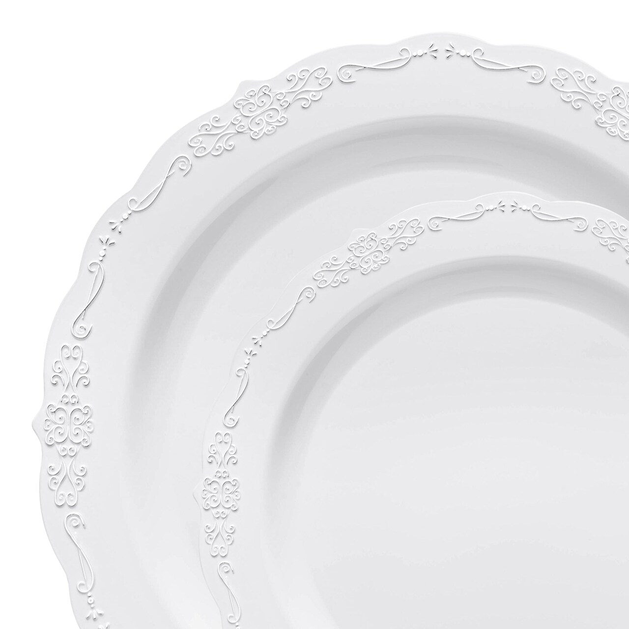 White Vintage Round Disposable Plastic Dinnerware Value Set (120 Guests)